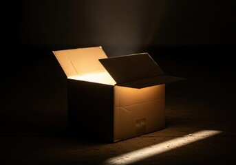 An open cardboard box with a mysterious light shining from within, casting a beam of hope in the darkness