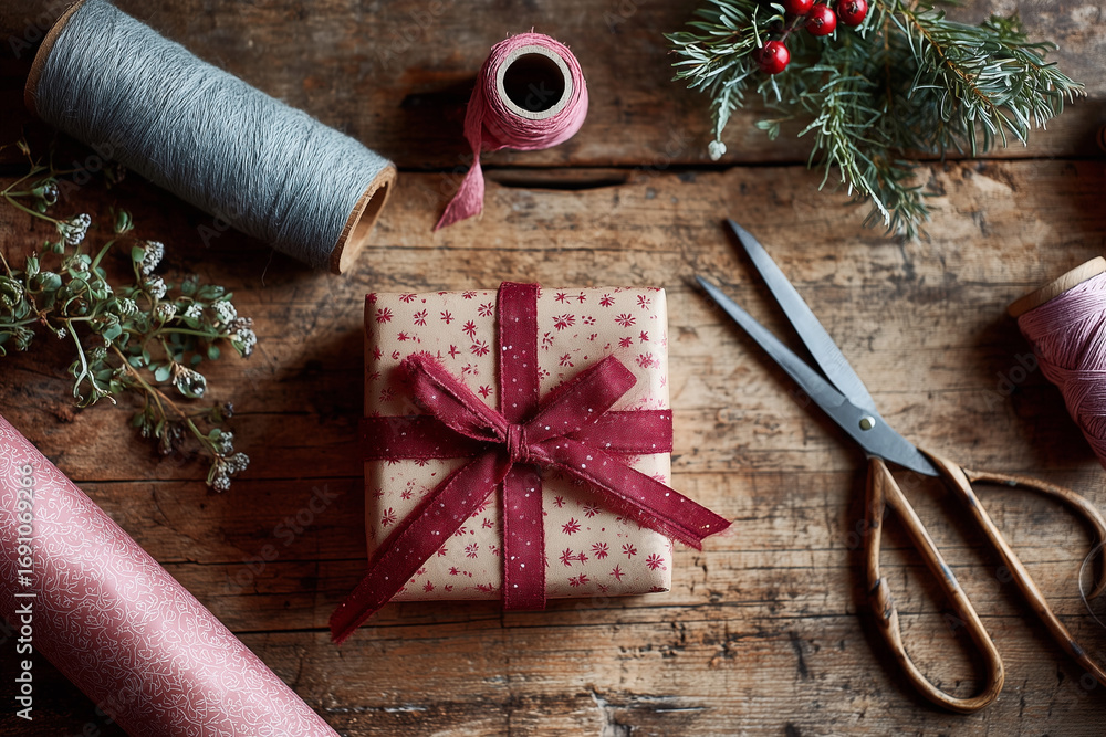 Poster a box with a red bow on top of a wooden table with scissors and ribbons