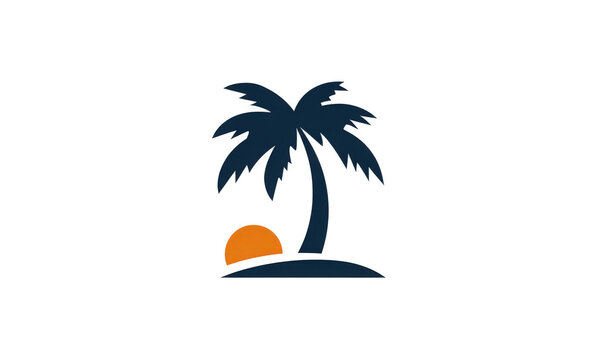 Logo design featuring simple shapes of a palm tree and sun on a white background, a vector graphic logo with flat colors in a minimalistic style.
