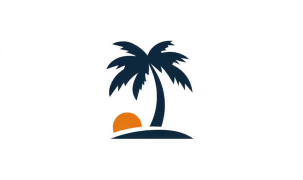 Logo design featuring simple shapes of a palm tree and sun on a white background, a vector graphic logo with flat colors in a minimalistic style.