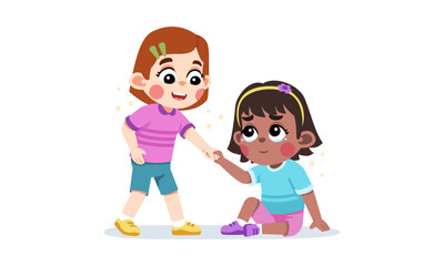 A kind girl helping a sad girl get up, showing friendship and support.