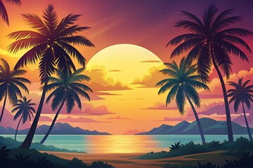 Obraz premium Vibrant tropical sunset over the ocean with silhouetted palm trees