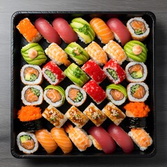 A vibrant and diverse assortment of fresh Japanese sushi and maki rolls, including salmon, tuna, and shrimp, elegantly arranged on a black platter