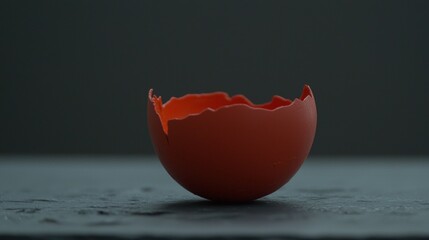 A cracked eggshell with a red interior sits on a dark gray surface.