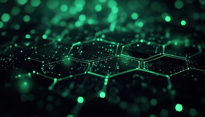 Dark Abstract Technology With Illuminated Green Hexagons: A Futuristic And Intriguing Design Featuring Glowing Green Hexagons On A Dark Background.