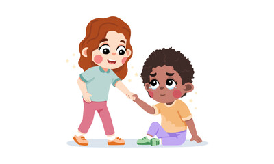A compassionate cartoon girl with red hair helps a sad little boy get up from the ground.