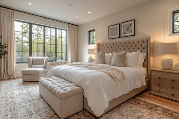 Obraz premium Large bed by a sunny window in a spacious bedroom.