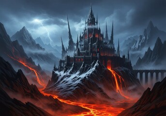 A dark fantasy castle perched atop a mountain with lava flowing down its sides under a stormy sky