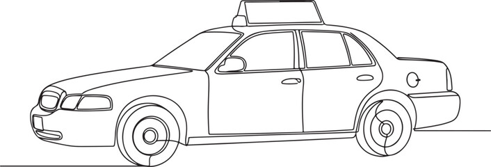Continuous single line drawing of a classic taxi cab sedan with a roofmounted sign