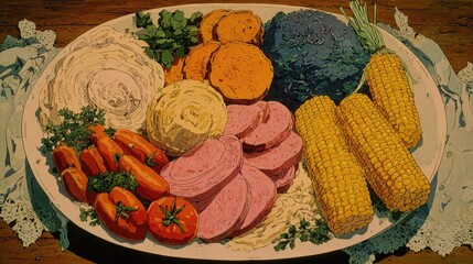 A plate of food with kebabs, sausages, and corn 