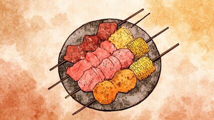 A plate of grilled meat, sausages, and corn on sticks