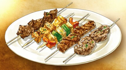 A plate of grilled meat, sausages, and corn on sticks