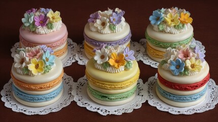 A rainbow of macarons with colorful frosting and decorative sugar flowers