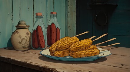A plate of grilled meat, sausages, and corn on sticks