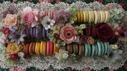 A rainbow of macarons with colorful frosting and decorative sugar flowers