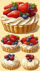 A series of strawberry tart illustrations