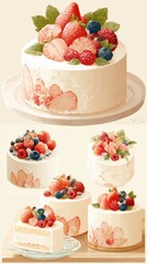 A series of strawberry tart illustrations