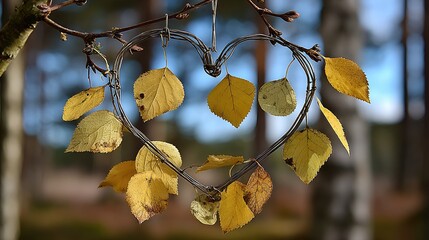 A heart-shaped frame made of yellow leaves