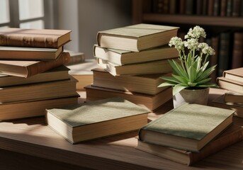 Stacks of old books with a flower pot on a wooden table in a room filled with sunlight from the window