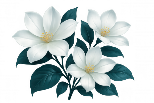 Elegant white flowers blooming gracefully amidst teal leaves, creating a beautiful contrast against a transparent background - Powered by Adobe