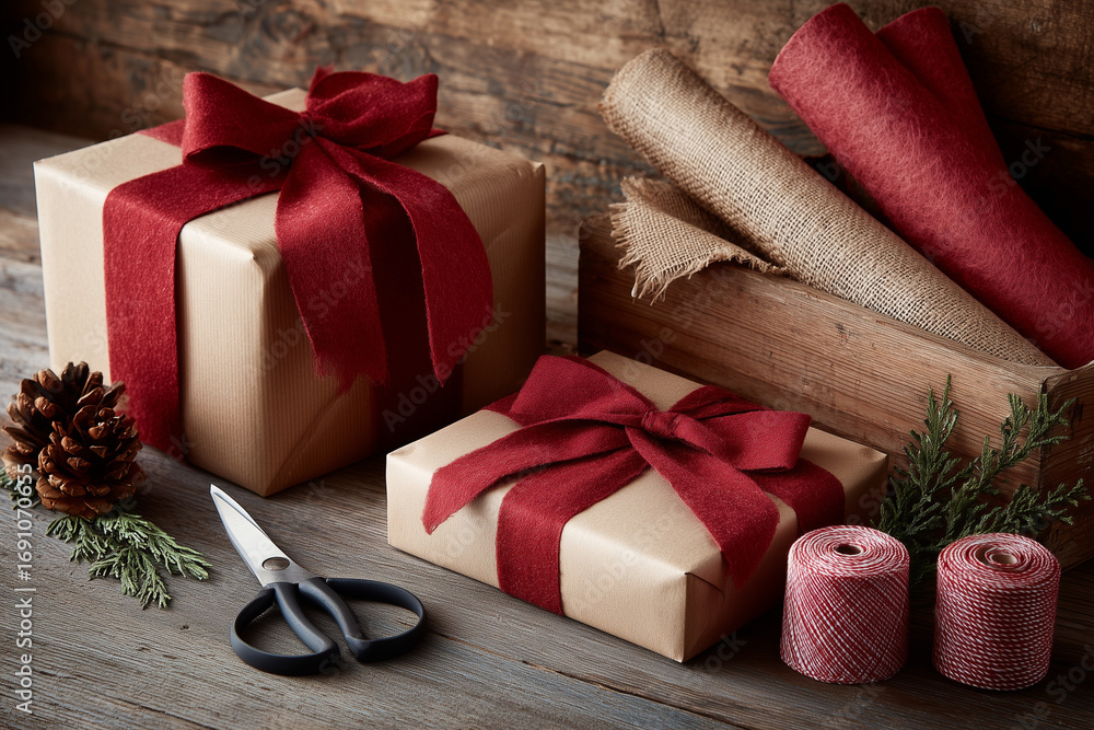 Poster a brown box with a red ribbon and a pair of scissors on top of it