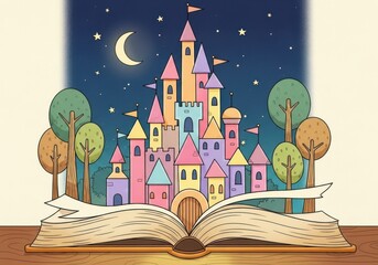 A colorful popup storybook castle with trees under a starry night sky, a whimsical illustration