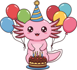 Adorable cartoon axolotl celebrating birthday with balloons and a cake illustration