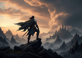A warrior standing on a mountain with a sword and cape against a sunset sky overlooking a castle