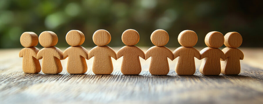 Wooden figurines holding hands symbolizing unity