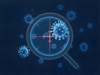 3D Render of Blue Viruses Under Magnifying Glass on Dark Blue Background Illustration