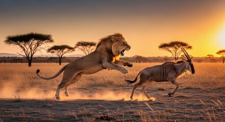 Lion chasing wildebeest in serengeti national park tanzania africa safari wildlife animal predator sunset hunt