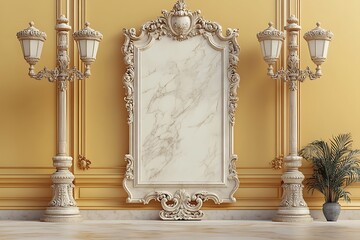 Elegant marble display with ornate frame and architectural details creates luxurious backdrop