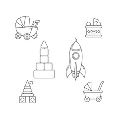 children's toy icons set – baby stroller, rocket, carnival booth, stacking rings, geometric tower on white background.