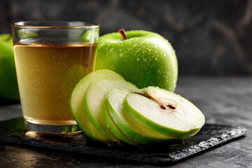A glass of apple juice sits beside sliced and whole Granny Smith apples on a dark textured surface