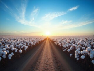 栽培された綿花畑における日の出の素晴らしい光景, 地平線はクリアな青い空とソフトな雲で彩られています