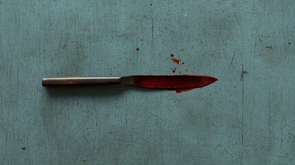 A bloody knife on a blue surface.