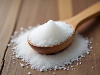 木製スプーン上の白い砂糖の山と木製の背景のクローズアップ