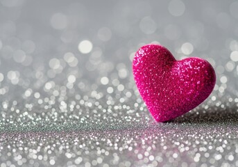 A pink glitter heart on a sparkling silver background, perfect for valentines day or any romantic occasion isolated on white background