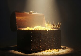 A treasure chest filled with gold coins and a crown, symbolizing wealth, luxury, and royalty isolated on white background
