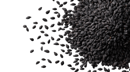 Black Sesame Seeds in Focus: A detailed, close-up shot of a scattering of black sesame seeds, showcasing their rich, dark texture and natural beauty. Perfect for culinary, health.