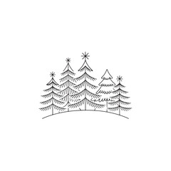 Obraz premium Hand-drawn Christmas Trees Silhouettes.A charming black and white line drawing of several stylized Christmas trees arranged on a hilltop.