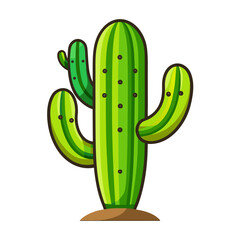 Vibrant green cartoon cactus with multiple arms and dark prickly dots, standing tall on sandy soil, perfect for desert themes or playful designs