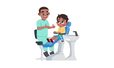 A smiling dentist talks to a young patient sitting in a dental chair.