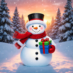 Obraz premium Cute Snowman Holding Gifts in Winter Forest at Sunset – Magical Christmas Scene