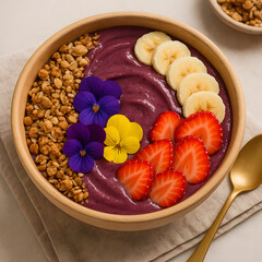 Vibrant Acai Smoothie Bowl with Granola, Banana, and Fresh Strawberries