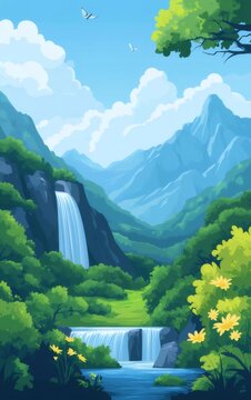 Pixelated Mountain Cascade Scene with Bright Blue Sky Green Foliage and Distant Peaks Art