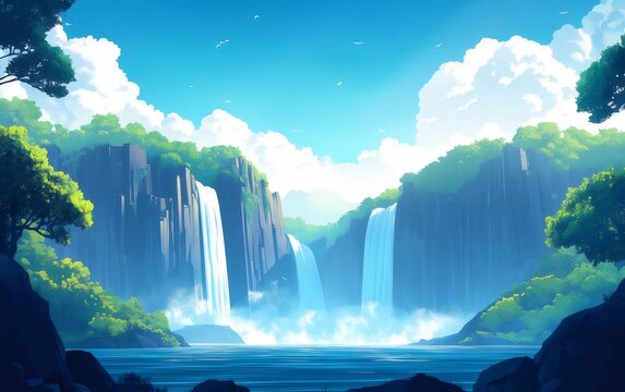 青空と白い雲の下の緑豊かな峡谷を流れる滝のパノラマ風景画