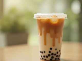 Iced Bubble Tea Drink with Caramel Drizzle in a Clear Plastic Cup on Wooden Table