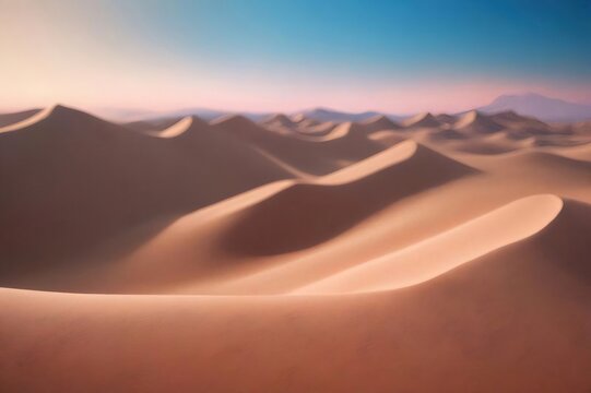 Warm Desert Landscape with Rolling Sand Dunes and Distant Mountains at Twilight