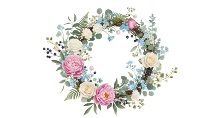 Floral Wreath with Roses, Peonies and Blue Flowers for Wedding Decoration isolated PNG with Transparent Background
